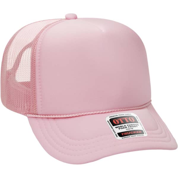 A pink 5 panel high crown trucker cap featuring a mesh back and a logo on the front.