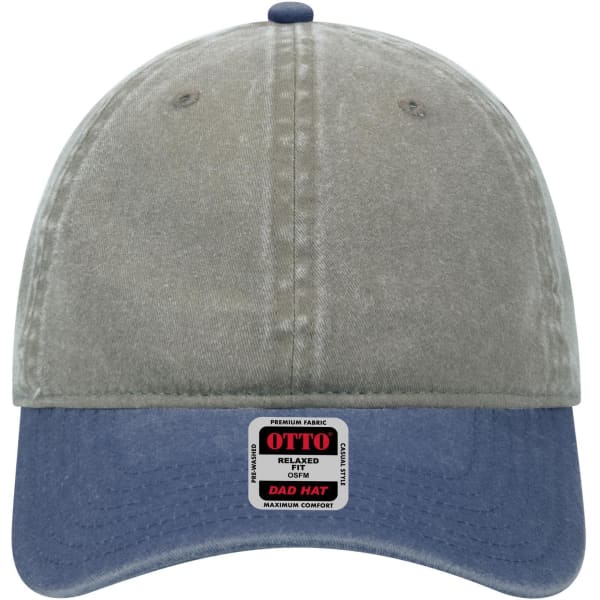 A low-profile, six-panel dad cap in grey and navy blue, featuring a logo on the front.