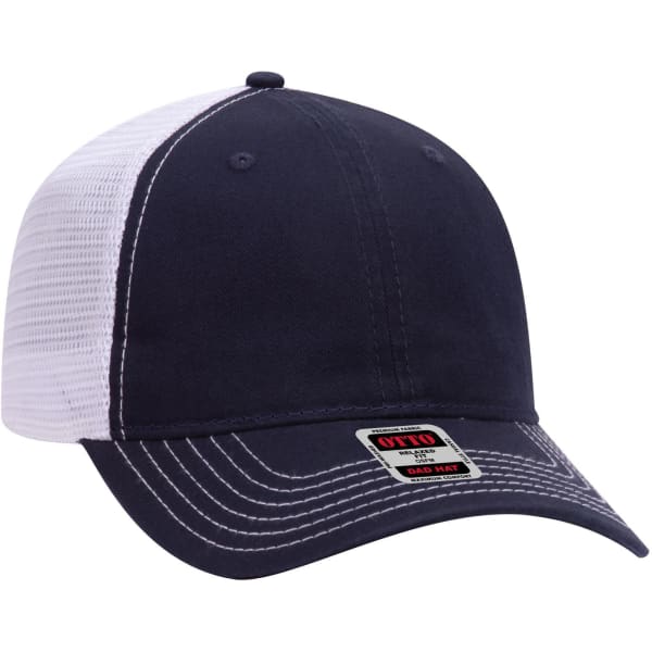 A navy blue and white 6 panel low profile trucker dad cap with a logo on the front.