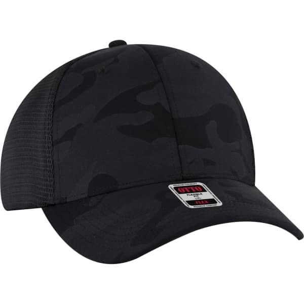 A black camouflage trucker cap with a low profile and a mesh back, featuring a logo on the front.