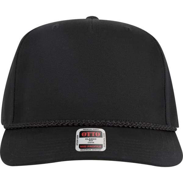 A black 5 panel mid profile baseball cap featuring a structured design and a branding label on the front.