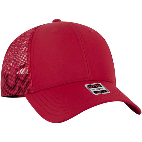 A red low profile trucker cap with a mesh back and a small logo on the front.