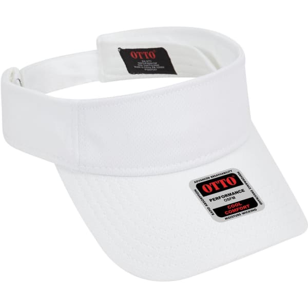 A white sun visor with a wide brim, featuring a logo and a black adjustable strap at the back.