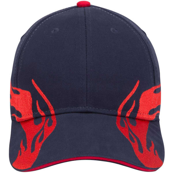A navy and red 6 panel low profile baseball cap featuring flame designs and a logo on the front.