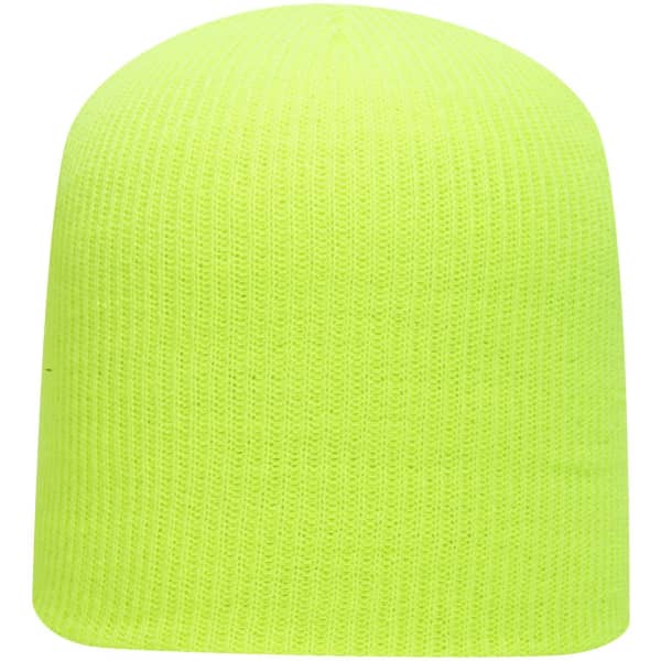 A premium rib knit beanie in bright neon yellow, featuring a logo on the front.