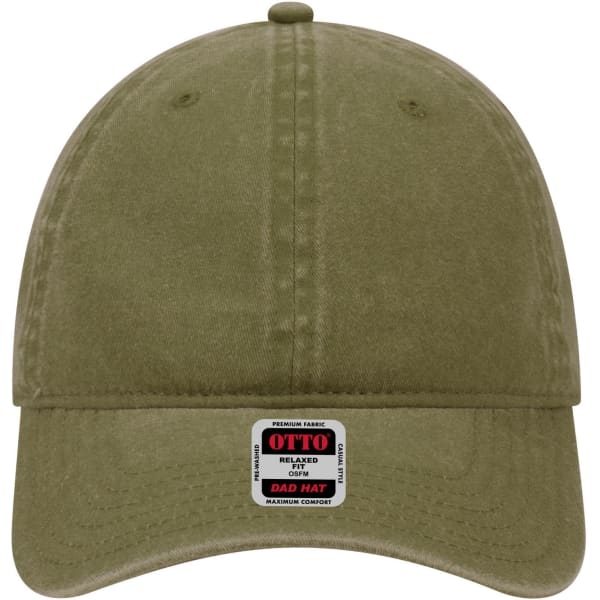 An olive green 6-panel low profile dad cap with a logo on the front and a relaxed fit.