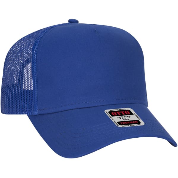 A blue 5-panel low profile trucker cap with a mesh back and a logo on the front.