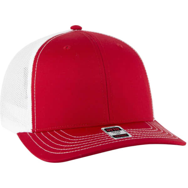 A red and white 6 panel mid-profile trucker cap featuring mesh panels and a curved brim. It has a small logo.