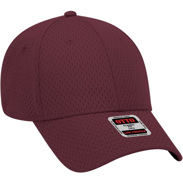 A maroon 6 panel low profile baseball cap with a logo on the front. The fabric features a mesh texture.