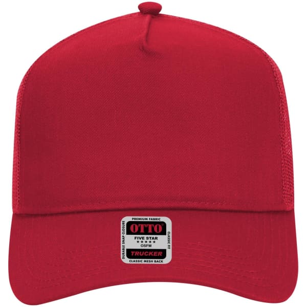 A red 5 panel mid profile trucker cap with a mesh back and a label on the front.
