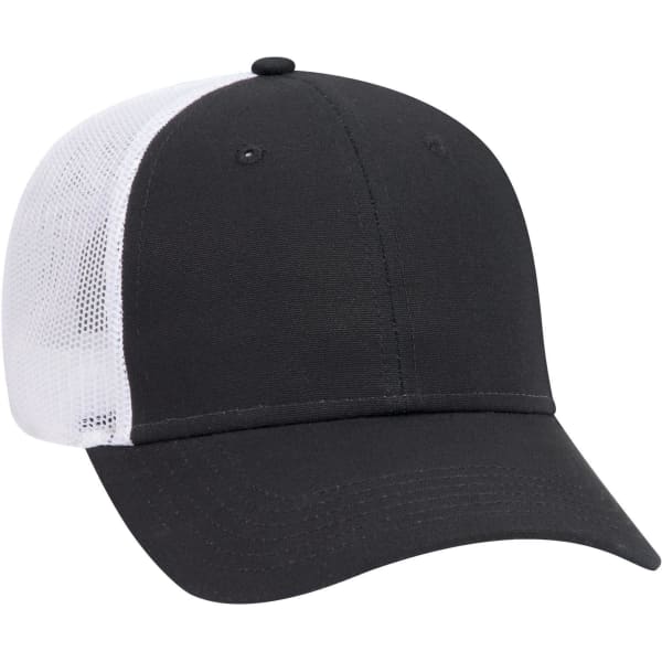 A black and white 6 panel low profile trucker cap with a mesh back and a front brim.