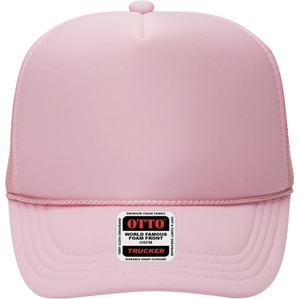 A pink 5 panel high crown trucker cap featuring a branding logo on the front.