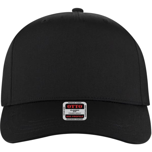 A black 5-panel mid crown baseball cap featuring a branding label on the front.