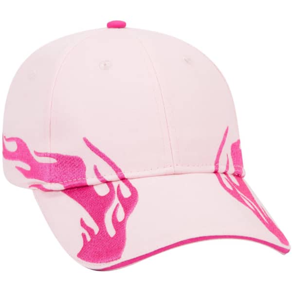 A pink low profile baseball cap featuring flame designs and a logo. It has a six-panel structure and contrasting trim.