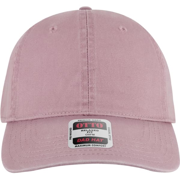 A pink 6-panel low profile dad cap featuring a logo and a relaxed fit design.