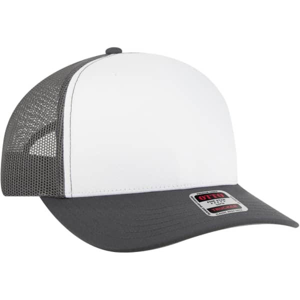 A white and grey mid-profile trucker cap with a mesh back and a logo on the front.