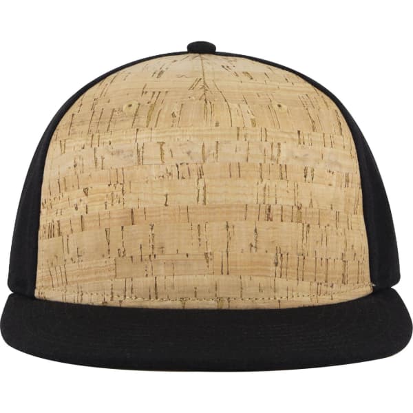 A snapback cap featuring a cork front and a black brim, with a solid black under visor.