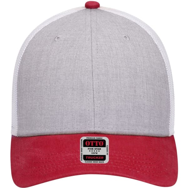 A grey and red 6 Panel Low Profile Trucker Cap with a branding label on the front.