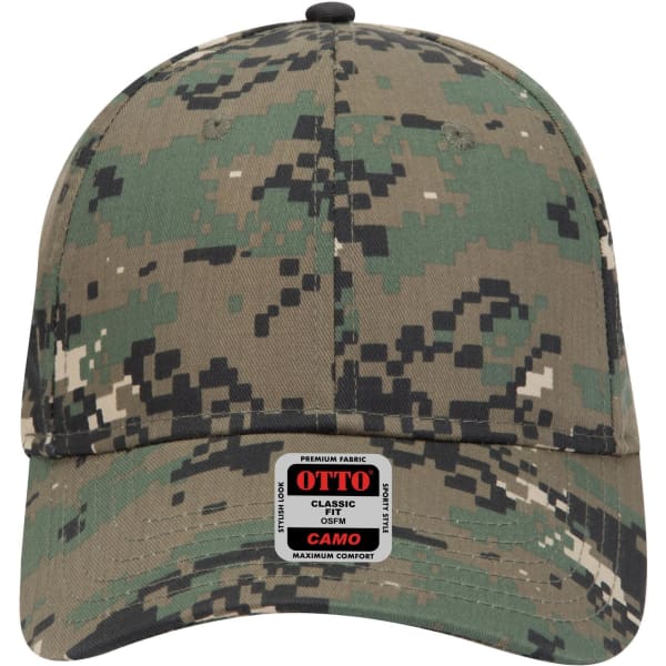 A camouflage baseball cap featuring a six-panel design and a low profile. Includes a logo label on the front.