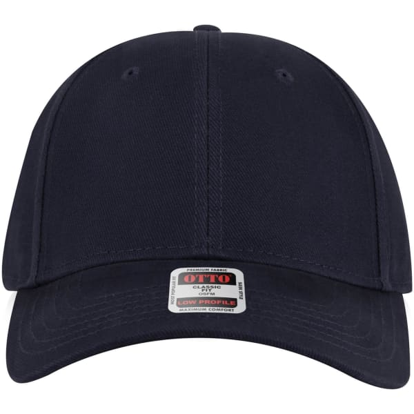 A navy blue 6-panel low profile baseball cap with a logo on the front.