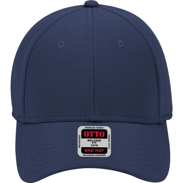 A navy blue 6 panel low profile baseball cap with a logo label on the front.