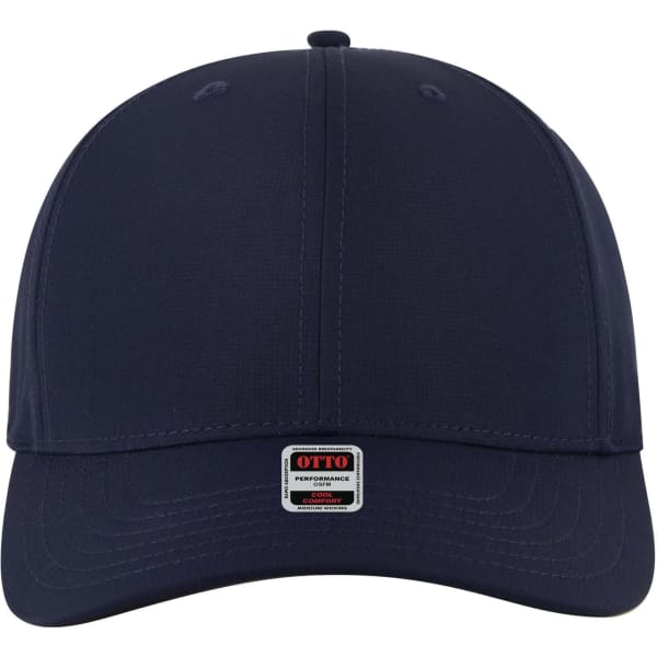 A navy 6 panel mid profile style baseball cap with a logo on the front.