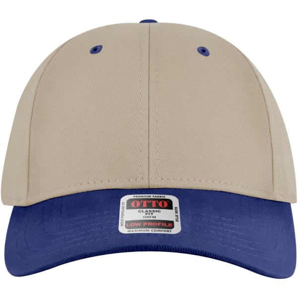 A beige and navy blue 6-panel low profile baseball cap with a logo label on the front.