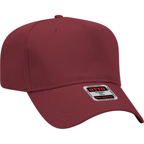 A maroon 5 panel mid crown baseball cap with a logo on the front.