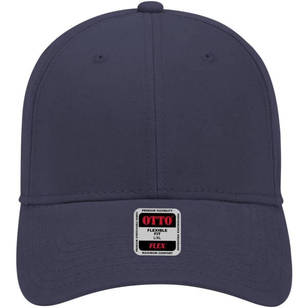 A navy 6-panel low profile baseball cap with a branded tag on the front.
