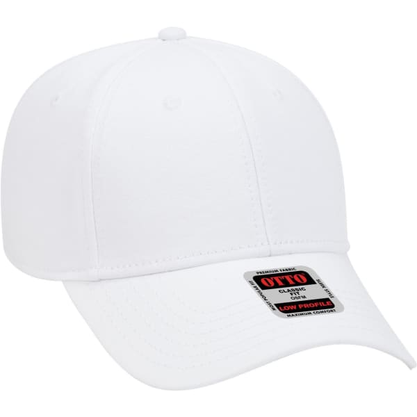 A white six-panel low-profile baseball cap with a branded tag on the front.