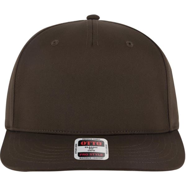 A brown 5 Panel Pro Style Snapback Hat featuring a flat brim and a logo on the front.