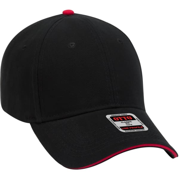 A black 6 panel low profile baseball cap with red accents and a logo on the front.