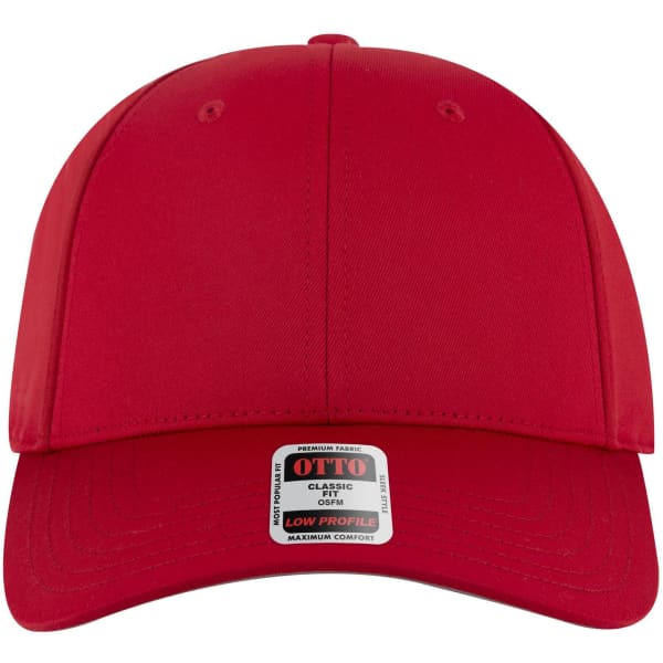 A red 6 panel low profile baseball cap with a logo on the front. The cap features a curved brim and a structured fit.