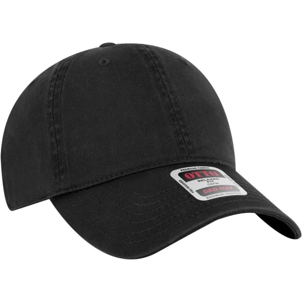 A black 6-panel low profile dad cap with a curved brim and a branding label on the side.