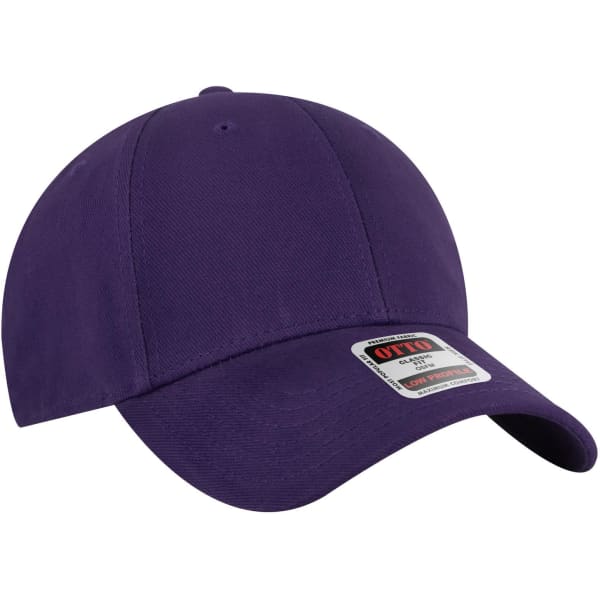 A purple 6-panel low profile baseball cap with a branded tag attached. Suitable headwear accessory.