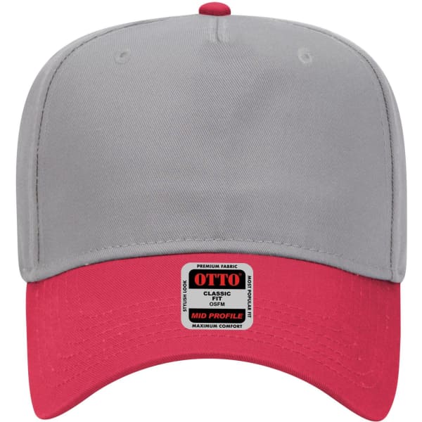 A grey and red 5-panel mid crown baseball cap with a branding label on the front.
