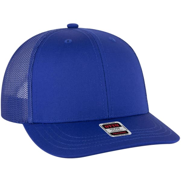 A blue 6 panel mid-profile trucker cap with a mesh back and a small logo on the front.