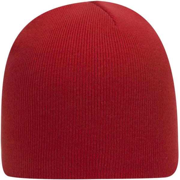 A red classic knit beanie with a ribbed texture, featuring a logo on the side.