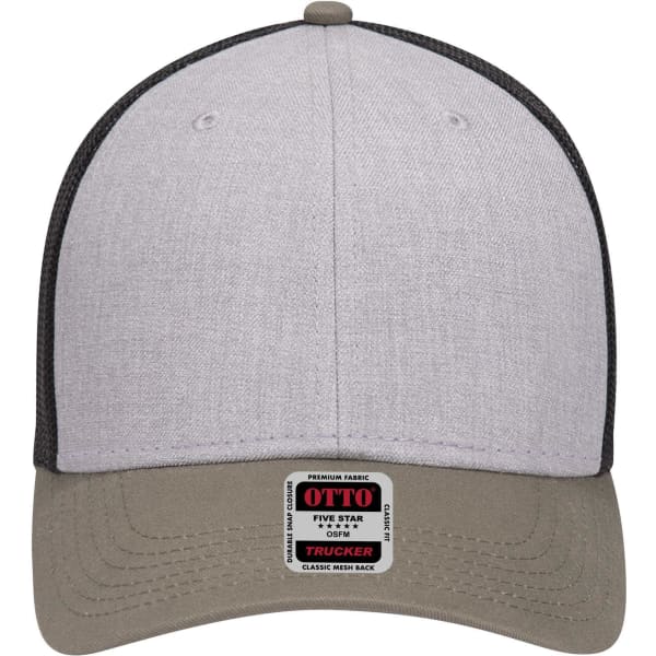 A low profile trucker cap featuring a grey front, black mesh back, and a beige brim. Includes a logo on the front.
