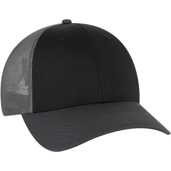 A black low profile trucker cap with a grey mesh back and a curved peak, featuring a logo on the front.