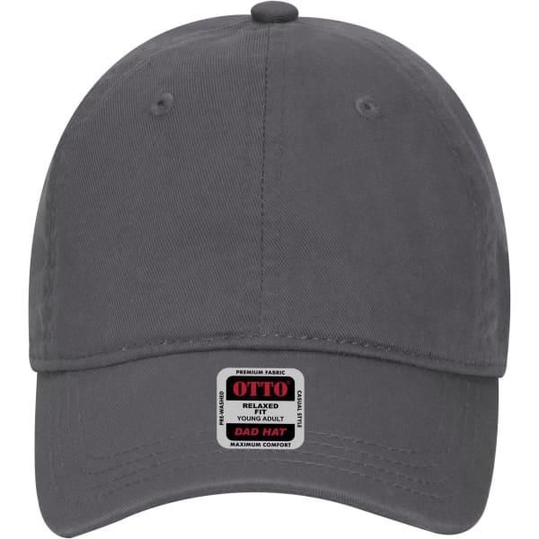A grey six-panel low profile dad cap with a logo on the front. Suitable for casual wear.
