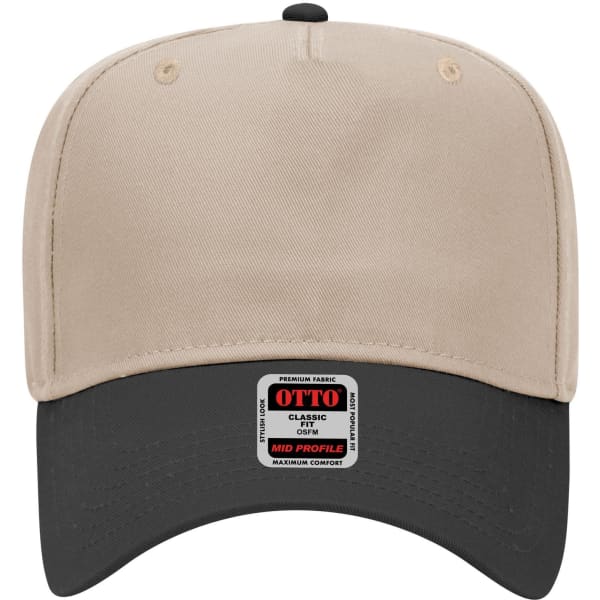 A beige and black 5 panel mid crown baseball cap with a logo on the front panel.