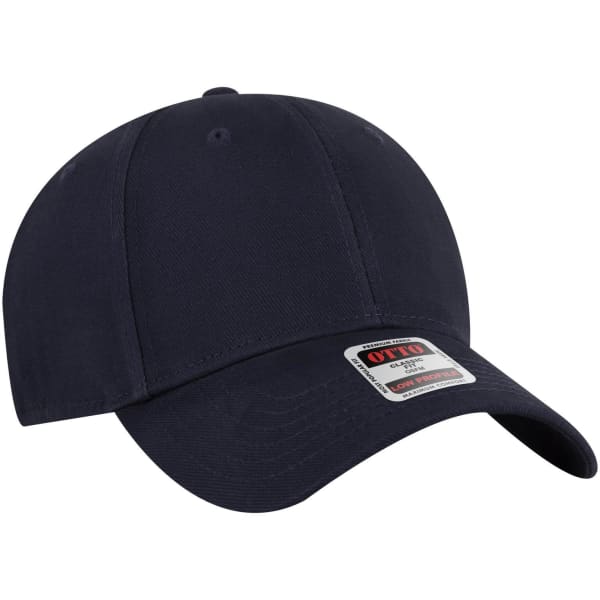 A navy blue 6 panel low profile baseball cap featuring a branding label on the front.