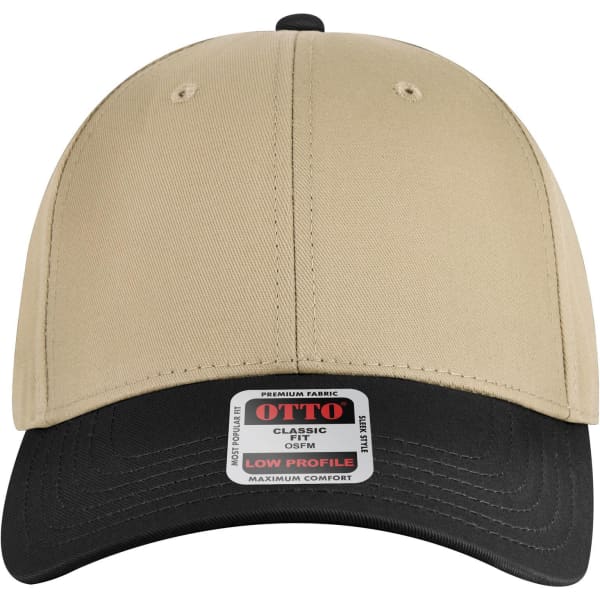 A beige and black 6 panel low profile baseball cap with a logo on the front.