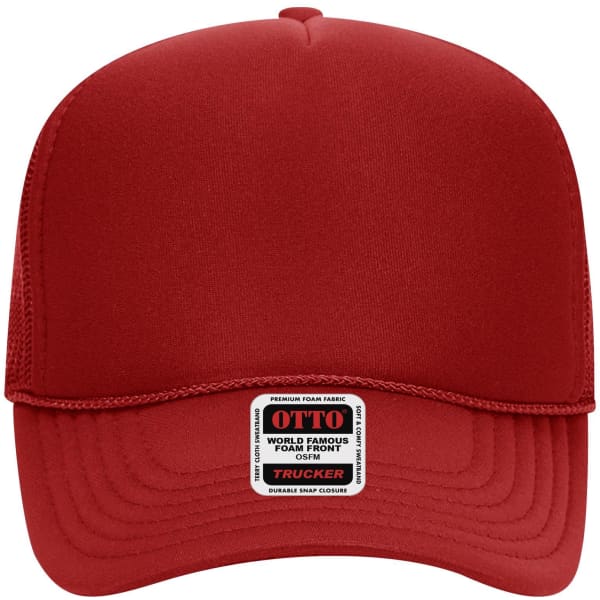 A red 5-panel mid profile trucker cap with a foam front and mesh back, featuring a logo on the front.