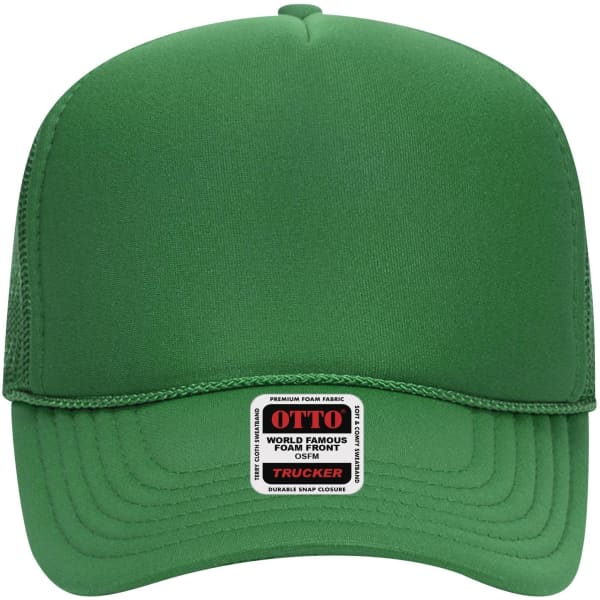 A green 5 panel mid-profile trucker cap with a mesh back and a logo tag on the front.