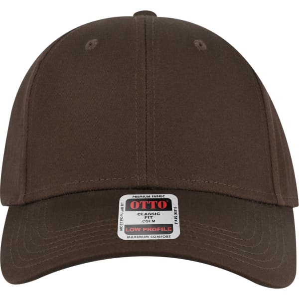 A brown 6-panel low profile baseball cap with a logo on the front. The cap features a curved brim and contrast stitching.