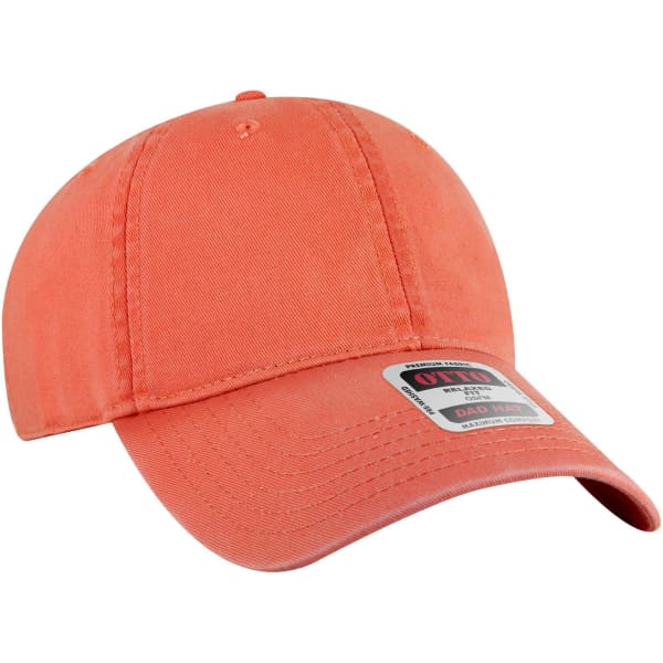 A coral 6 panel low profile dad cap with a branded label on the front.