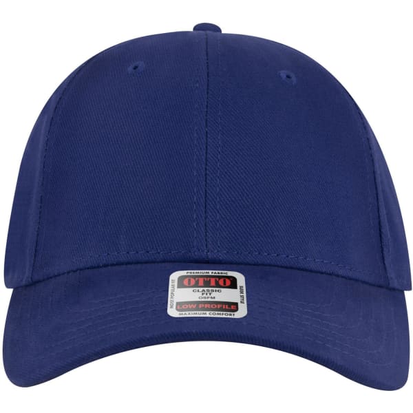 A navy blue 6-panel low profile baseball cap with an adjustable back and a branded tag.