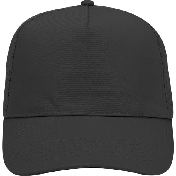 A black 5 panel mid profile trucker cap with a solid design and a logo on the front.